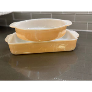 ANCHOR HOCKING FIRE KING PEACH CARNIVAL LUSTRE CASSEROLE DISH & LOAF PAN